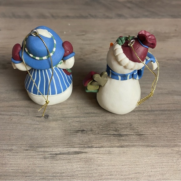 Vintage Polymer Clay Folk Art Style Snowman And Snow Women Ornament 3 “ - Picture 3 of 7